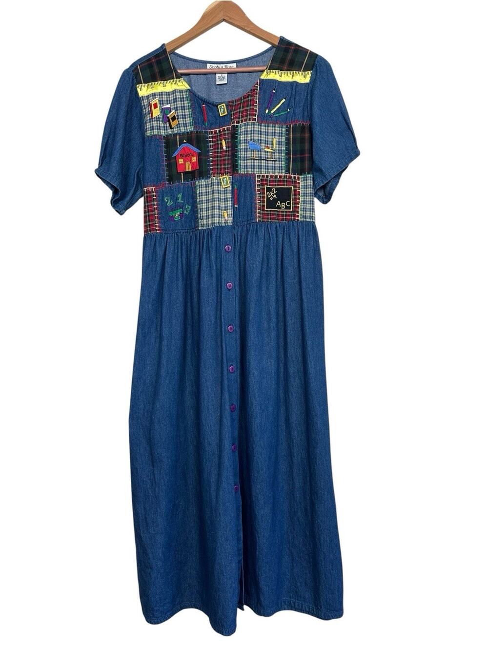 Vintage Sophia Rose Women’s Embroidered Patchwork Teacher Denim Maxi Dress 18